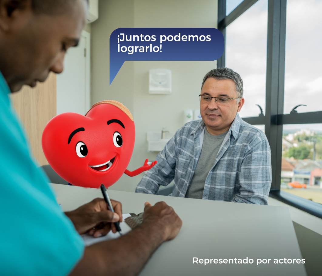 Doctor y corazón animado con paciente masculino, texto "¡Juntos, podemos lograrlo!".